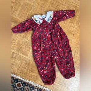 Vintage OshKosh floral corduroy long sleeve romper red embroidered with collar